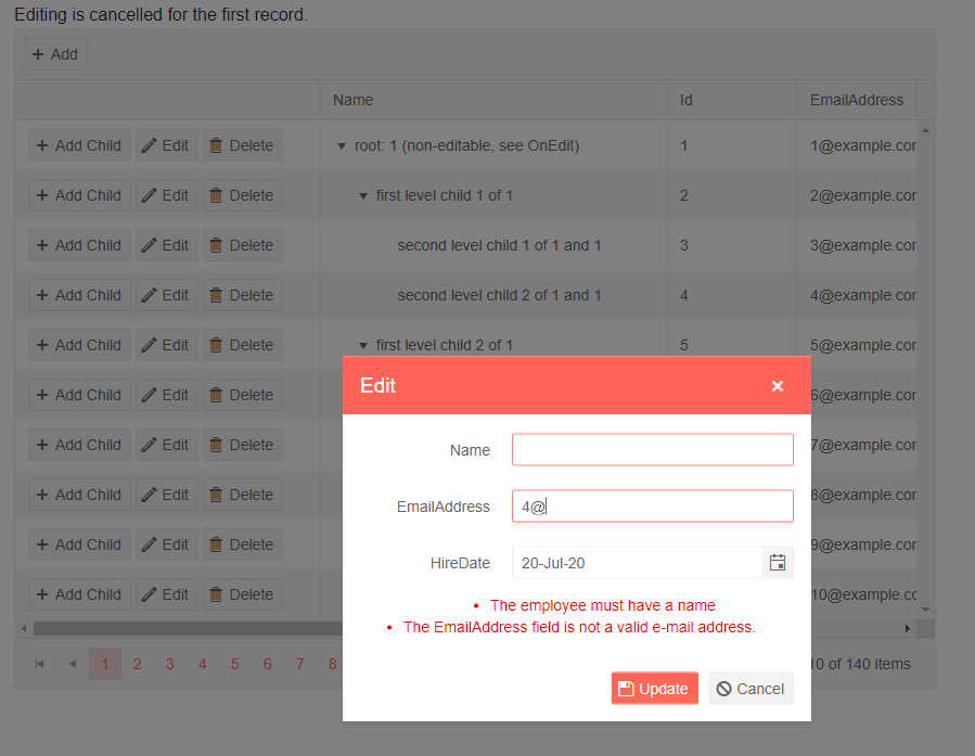 Blazor TreeList Popup Editing